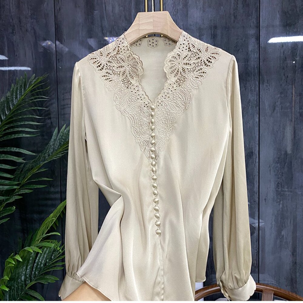 Women Lace Embroidery Satin Blouse Elegant V Neck Long Sleeve Tops, Beige, M